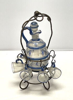 Antique Moser Style Enamel Glass Decanter Cordial Set 5 Cups Wire Stand 11.5"